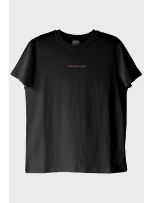 Lofux Forever Love Desenli Nakış Siyah T-Shirt - Sevgililer Günü Çift Tişörtleri
