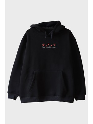 Lofux Spread Love Yazılı Kalp Desenli Nakış Hoodie - Sevgililer Günü Hediyesi