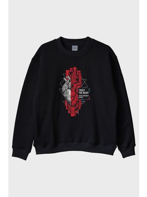 Lofux Trust The Heart Siyah Bisiklet Yaka Sweatshirt