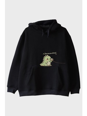 Lofux Sevimli Dinozor Siyah Hoodie