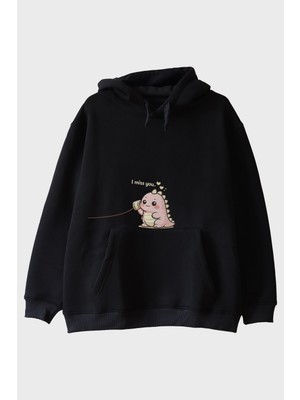 Lofux I Miss You Dinozor Siyah Hoodie