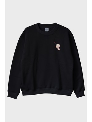 Lofux Kalbim Yolda Siyah Bisiklet Yaka Sweatshirt