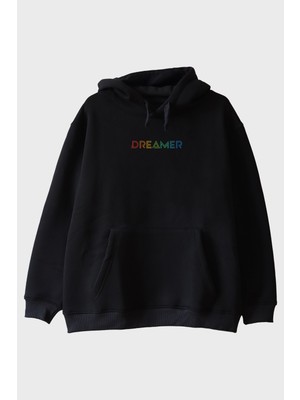 Lofux Dreamer Renkli Yazılı Siyah Hoodie