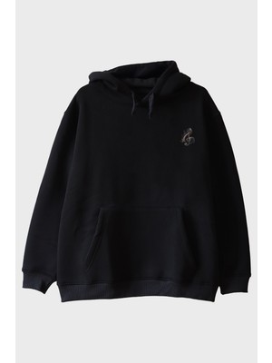 Lofux Siyah Sol Anahtarı Renkli Nakış Müzik Hoodie