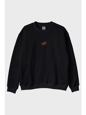Lofux Karpuz Desenli Siyah Nakış Bisiklet Yaka Sweatshirt