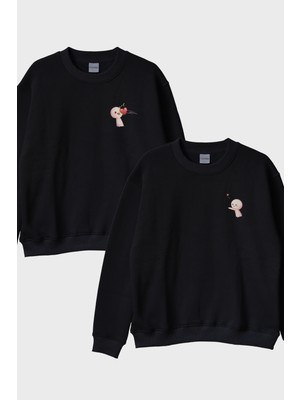 Lofux Kalbim Yolda Siyah Bisiklet Yaka Sweatshirt