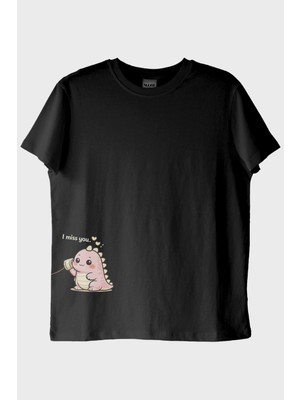 Lofux I Miss You Dinozor Siyah Tişört