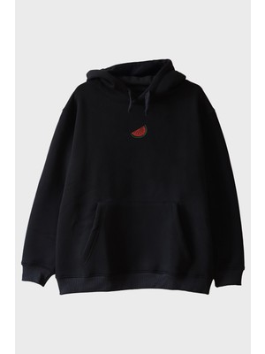 Lofux Karpuz Desenli Siyah Nakış Hoodie
