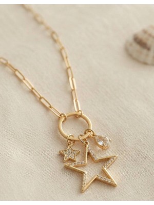 Evimdeyokyok Gold Renk Ataç Zincir Yıldız Model Zirkon Taşlı Kadın Kolye TJ-BKO11206