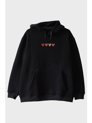 Lofux Renkli Kalp Desenli Nakış Hoodie - Sevgililer Günü Özel Tasarım