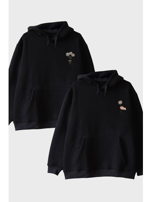 Lofux Papatya Desenli Siyah Hoodie