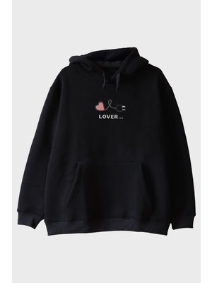 Lofux Lover Temalı Siyah Hoodie