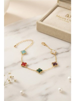 Evimdeyokyok Renkli Kristal Taşlı Gold Renk Yonca Model Kadın Bileklik TJ-BB8853
