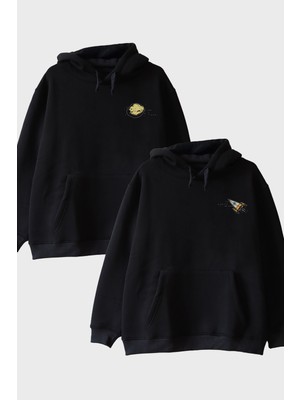 Lofux Roket ve Asteroit Siyah Hoodie