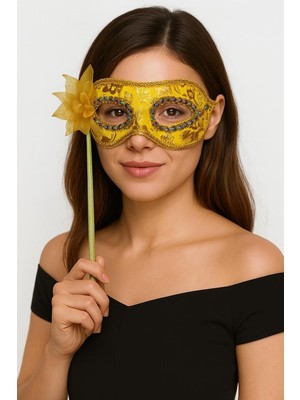Sungur's Store Lüks Taşlı Saplı Maskeli Balo Maskesi Altın Renk 35 cm