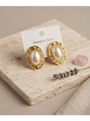 Evimdeyokyok 316L Gold Renk Gold Renk Vintage Beyaz Incili Model Küpe TJ-BKP12060
