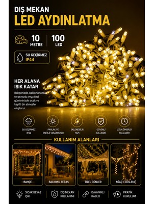 Yenilig 10 Metre 100 LED Dış Mekan Aydınlatma Su Geçirmez Sıcak Beyaz Dekoratif LED Işık