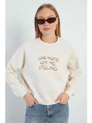 FullaModa 3 Iplik Yazı Nakışlı Reglan Kol Oversize Sweatshirt