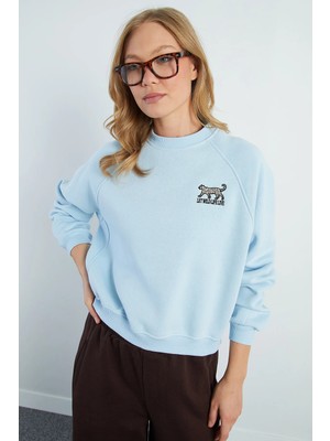 FullaModa 3 Iplik Leopar Nakışlı Reglan Kol Oversize Sweatshirt