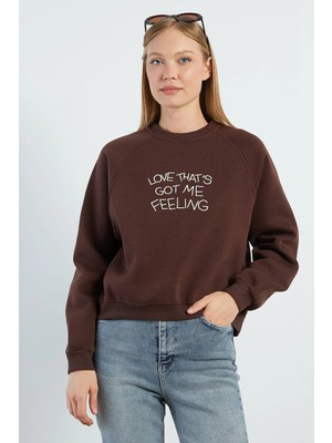FullaModa 3 Iplik Yazı Nakışlı Reglan Kol Oversize Sweatshirt