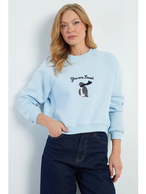 FullaModa 3 Iplik Penguen Nakışlı Crop Sweatshirt