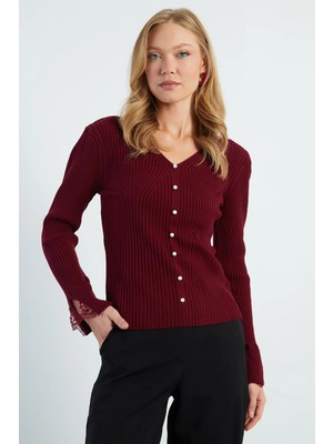 FullaModa Dantelli Inci Detaylı V Yaka Slim Fit Triko Bluz