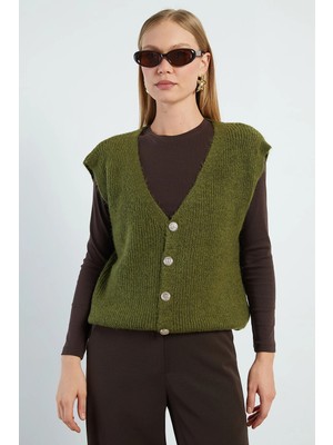 FullaModa Sakallı Düğmeli V Yaka Oversize Yelek