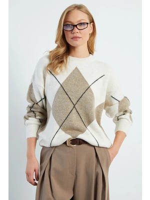 FullaModa Baklava Desenli Oversize Kazak