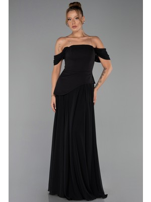 Abiyefon Kayık Yaka Peplum Uzun Şifon Abiye Elbise ABU6345