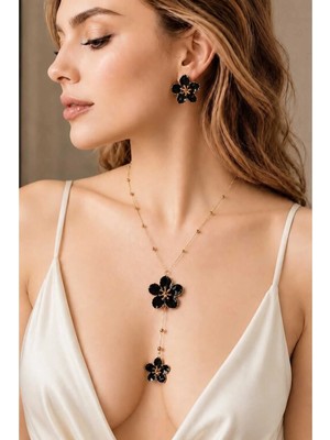 Invictus Design Kadın Gold Siyah Boncuklu Çiçek Figürlü Mineli Y Model Kolye ve Küpe 2'li Set
