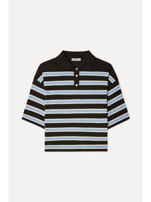 Mudo Kadın Kahverengi Çizgili Loose Fit Polo Yaka Kısa Kollu Kazak