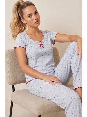 Siyah İnci Mavi Çiçek Desenli Fiyonklu Pointelli Örme Pijama Takımı 26120660