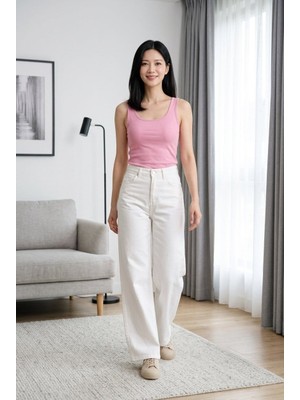 Hies Wide Leg Yüksek Bel Likralı Sağlam Dikişli Palazzo Bayan Kot Jeans - Beyaz Pantolon