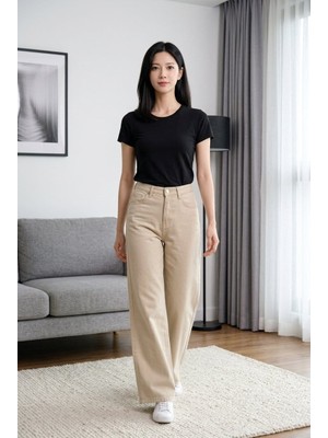 Hies Wide Leg Yüksek Bel Likralı Sağlam Dikişli Palazzo Bayan Kot Jeans - Bej Pantolon
