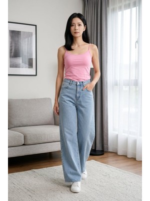 Hies Wide Leg Yüksek Bel Likralı Sağlam Dikişli Palazzo Bayan Kot Jeans - Mavi Kar Pantolon