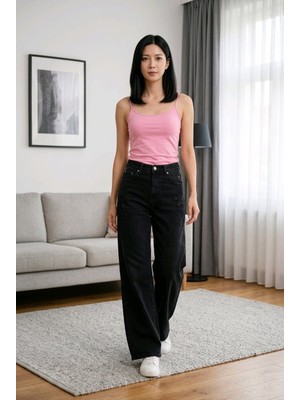 Hies Wide Leg Yüksek Bel Likralı Sağlam Dikişli Palazzo Bayan Kot Jeans - Siyah Pantolon