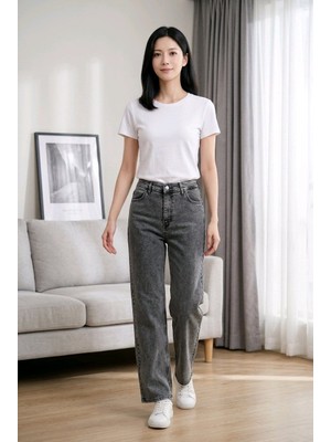 Hies Wide Leg Yüksek Bel Likralı Sağlam Dikişli Palazzo Bayan Kot Jeans - Füme Pantolon