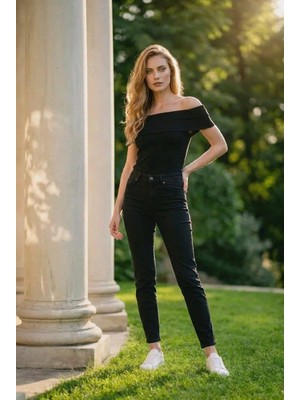 Hies Siyah Mom Kadın Pantolon, Yüksek Bel Likralı Sağlam Dikişli Denim Bayan Jeans