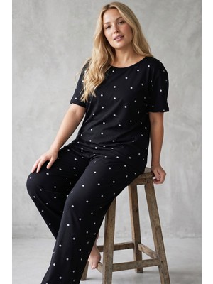 Siyah İnci Siyah Beyaz Puan Desenli Büyük Beden Battal Örme Pijama Takım 7614