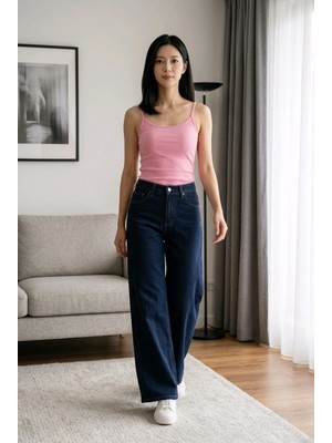 Hies Wide Leg Yüksek Bel Likralı Sağlam Dikişli Palazzo Bayan Kot Jeans - Lacivert Pantolon