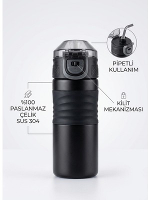 Tiny Wood Premium 304 Paslanmaz Çelik Pipetli Kilitli Termos Matara 450 ml Ergonomik Kavrama