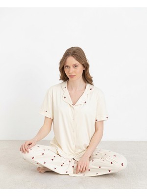 Eliz Kadın Düğmeli Kiraz Desenli Pijama Takımı