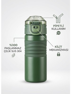 Tiny Wood Premium 304 Paslanmaz Çelik Pipetli Kilitli Termos Matara 450 ml Ergonomik Kavrama