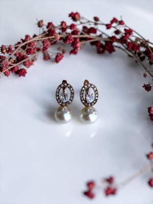 Fayra Accessories Zirkon Taşlı Oval Tasarım Inci Küpe