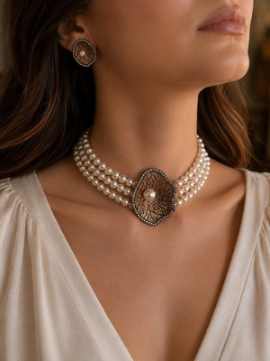 Fayra Accessories Zirkon Taşlı Choker Inci Kolye ve Inci Küpe Seti Deniz Kabuğu Figürlü