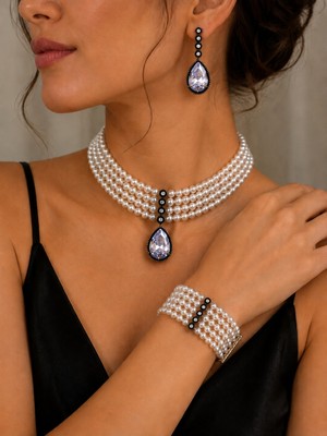 Fayra Accessories Zirkon Taşlı Tasma Choker Inci Kolye Su Yolu Damla Küpe ve Inci Bileklik Seti