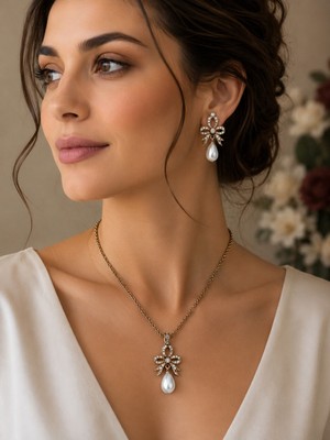 Fayra Accessories Zirkon Taşlı Fiyonk Figür Mayorka Inci Küpe ve Inci Kolye Seti