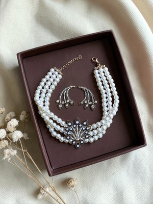 Fayra Accessories Hayat Ağacı Figür Choker Inci Kolye ve Küpe Seti
