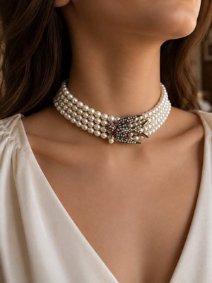 Fayra Accessories Zirkon Taşlı Choker Inci Kolye Kırlangıç Kuş Figürlü