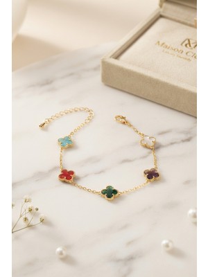 Kyops Renkli Kristal Taşlı Gold Renk Yonca Model Kadın Bileklik - Lisinya